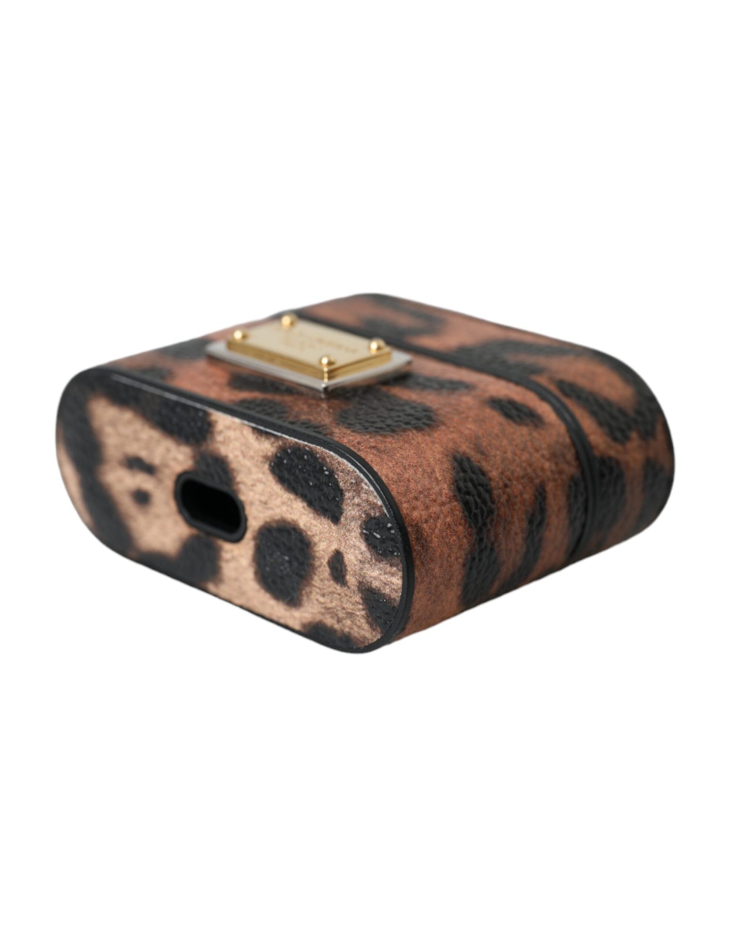 Brown Leopard Calf Leather Logo Plaque Airpods Case