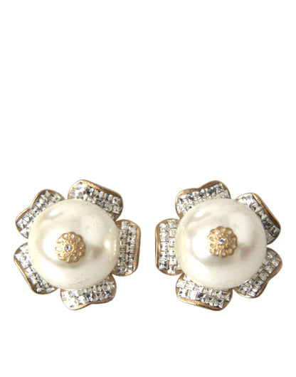 Gold Tone Maxi Faux Pearl Floral Clip-on Jewelry Earrings