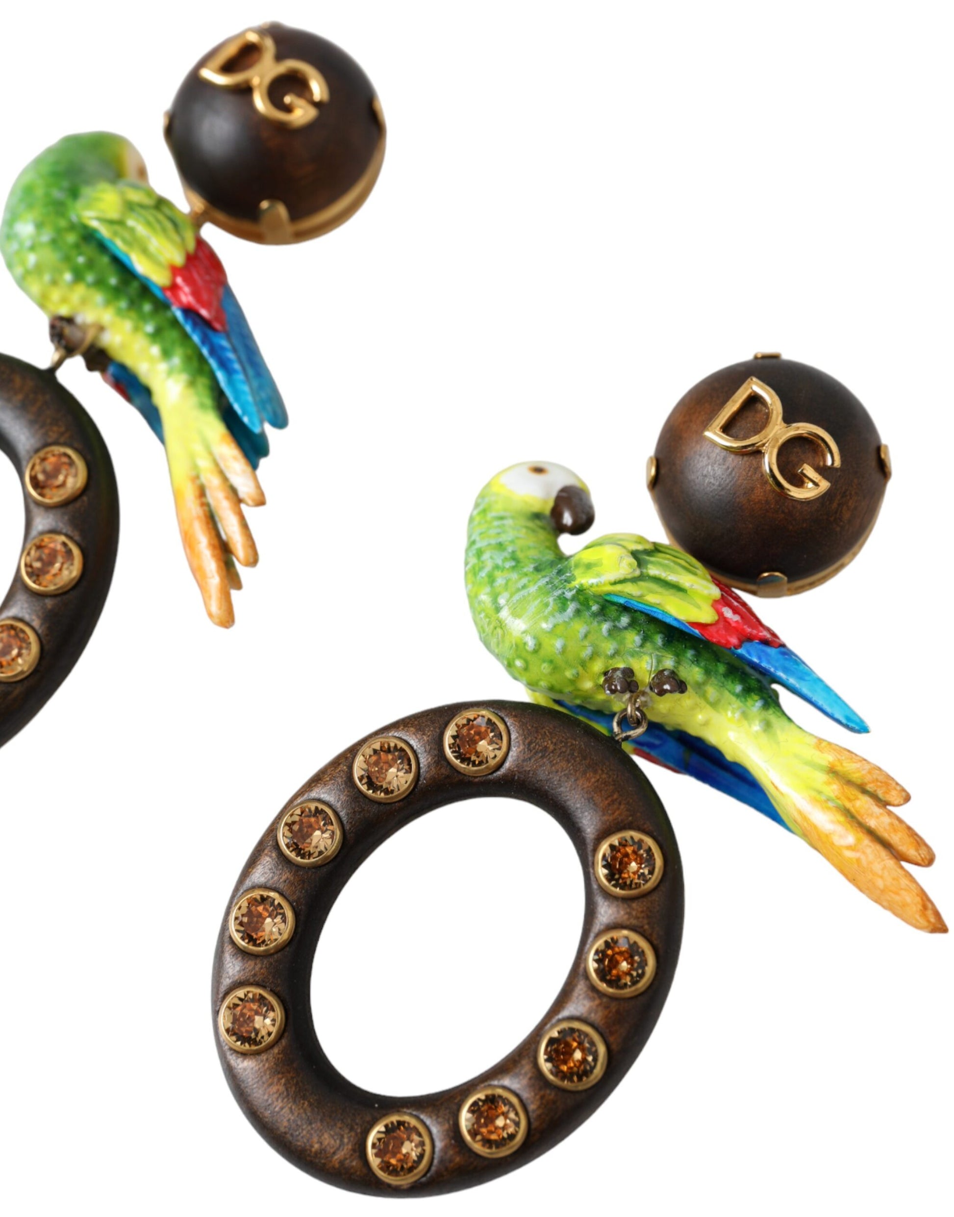 Multicolor Parrot Wood Brass Crystal Embellished Earrings