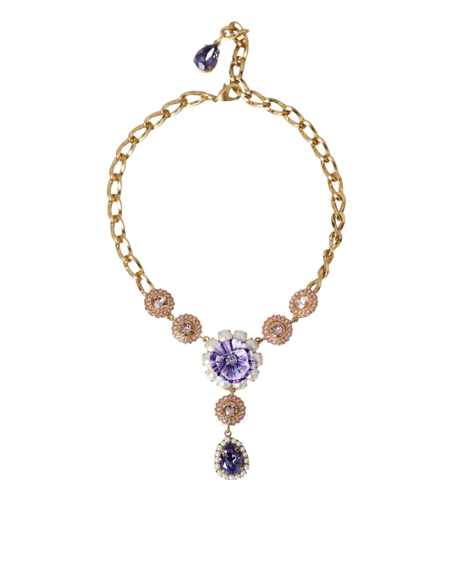 Gold Brass Crystal Purple Pink Pearl Pendants Necklace