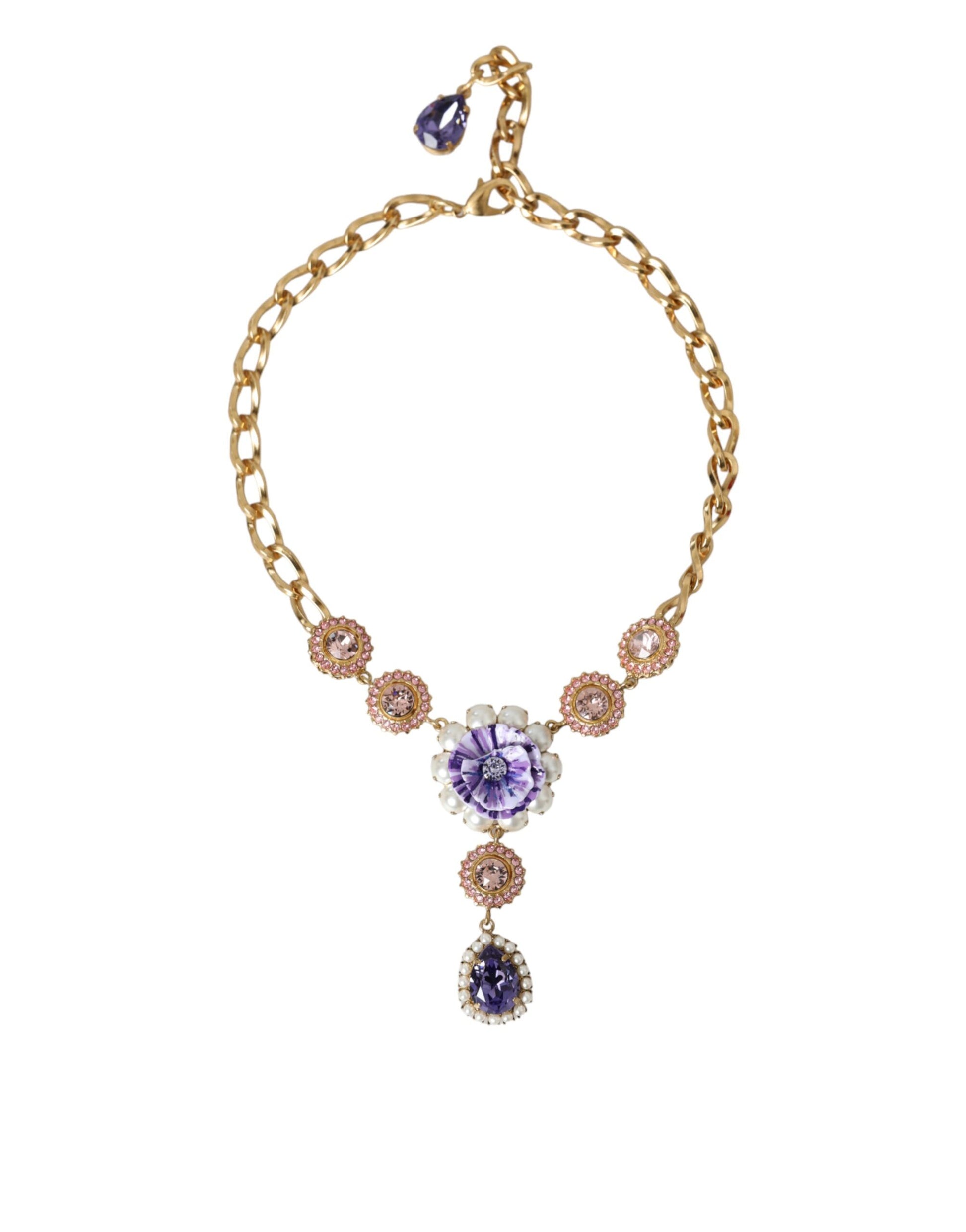 Gold Brass Crystal Purple Pink Pearl Pendants Necklace