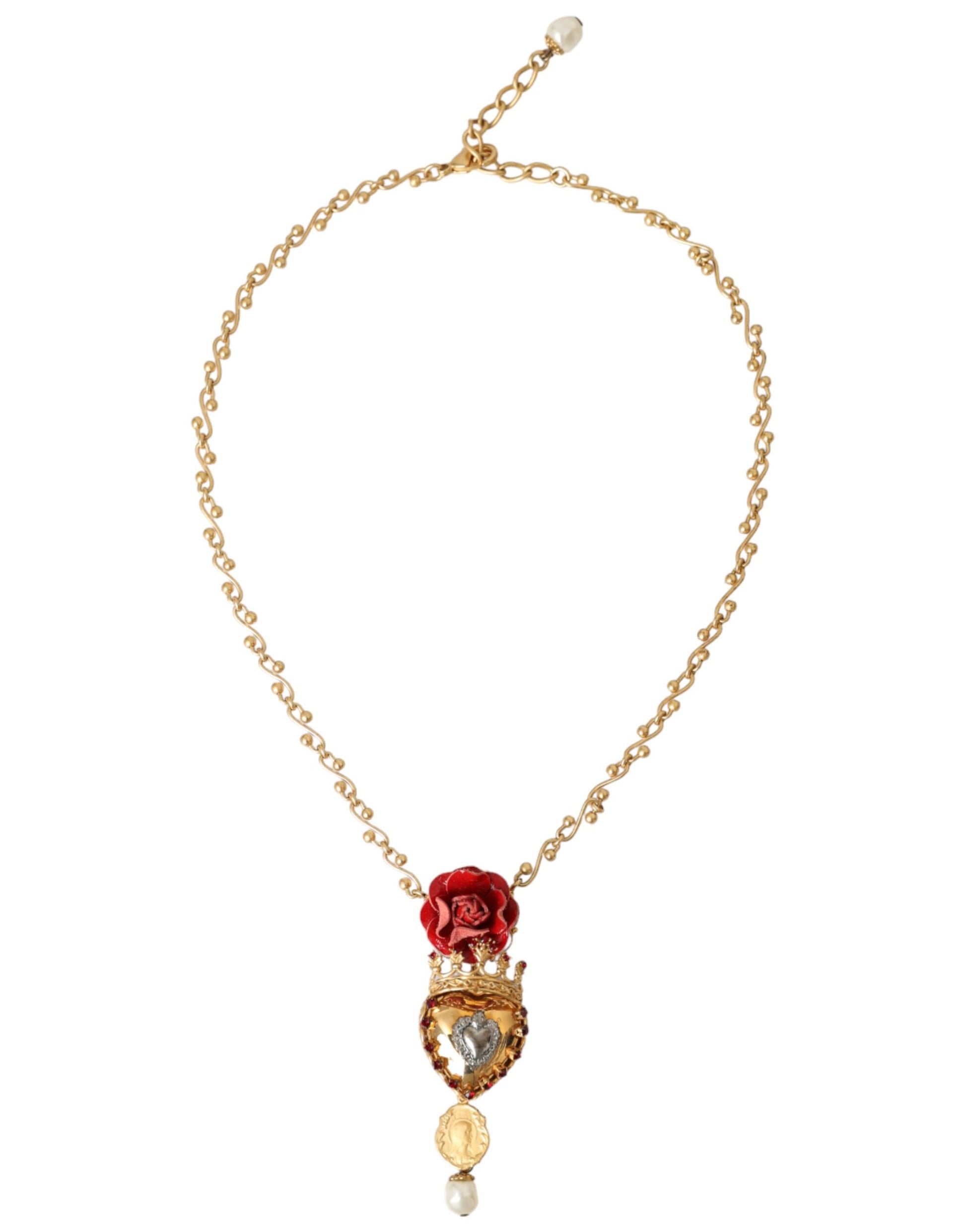 Gold BrassChain Sacred Heart Rose Crystal Charm Necklace