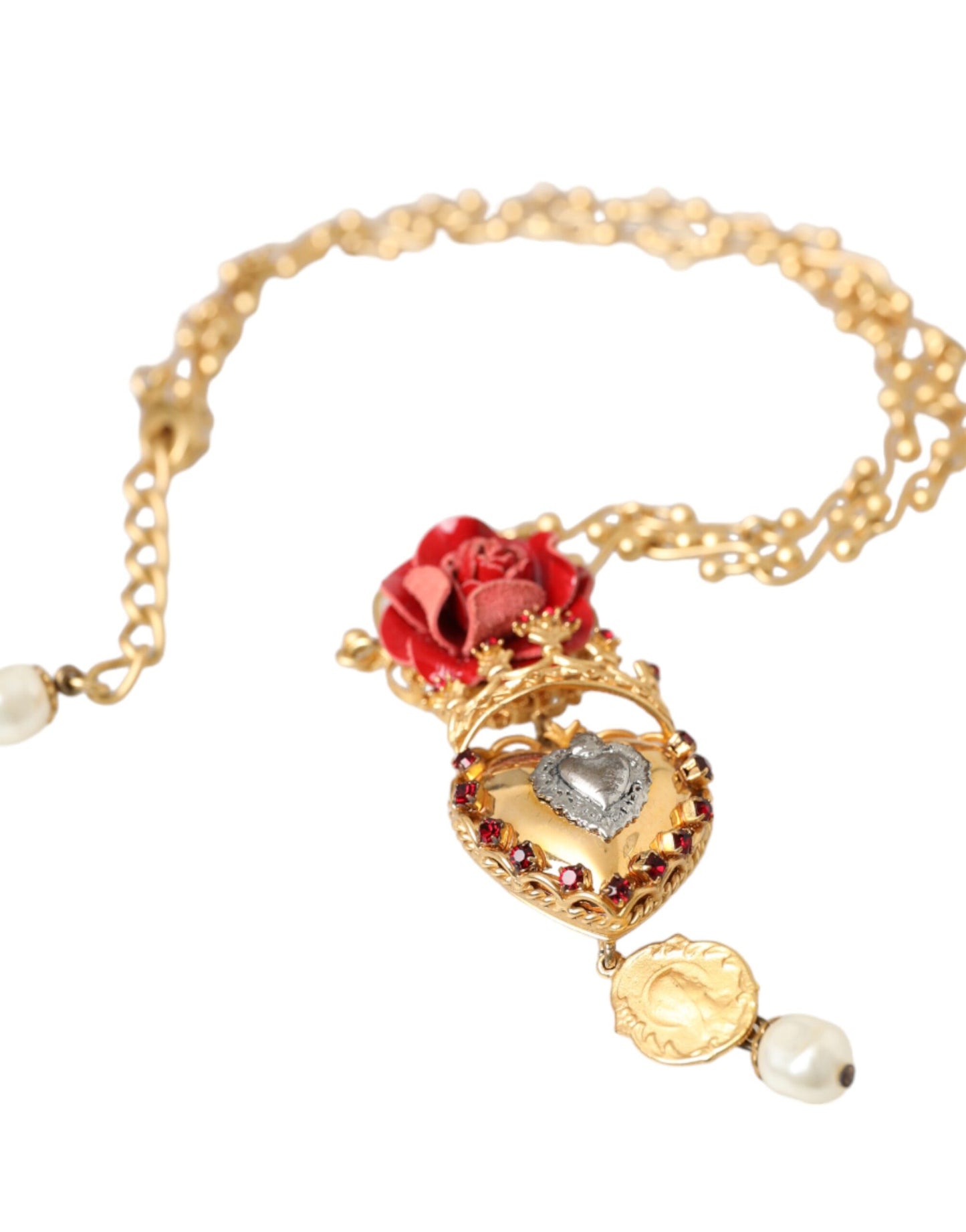 Gold BrassChain Sacred Heart Rose Crystal Charm Necklace