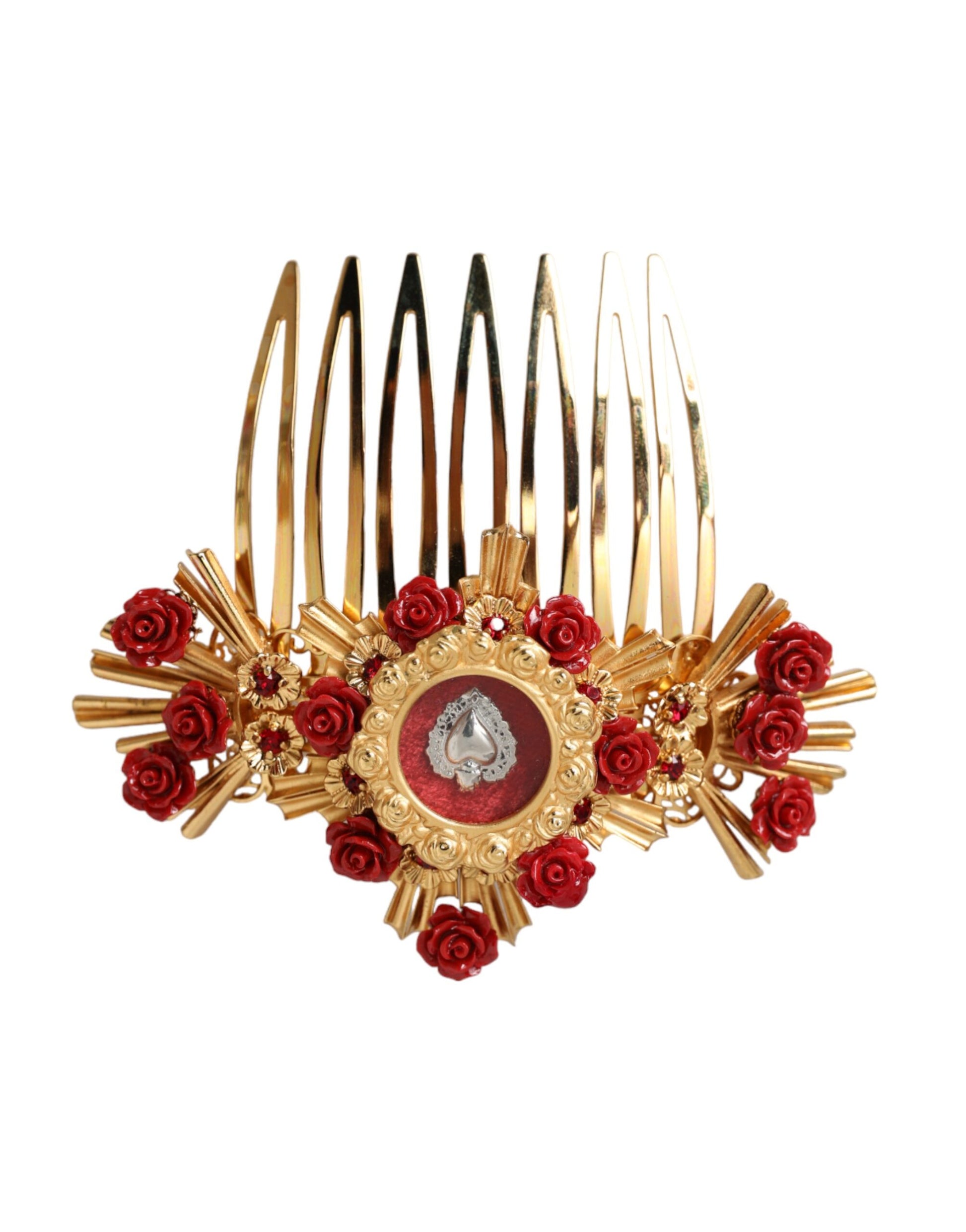 Gold Brass Crystal Heart Floral Hair Comb