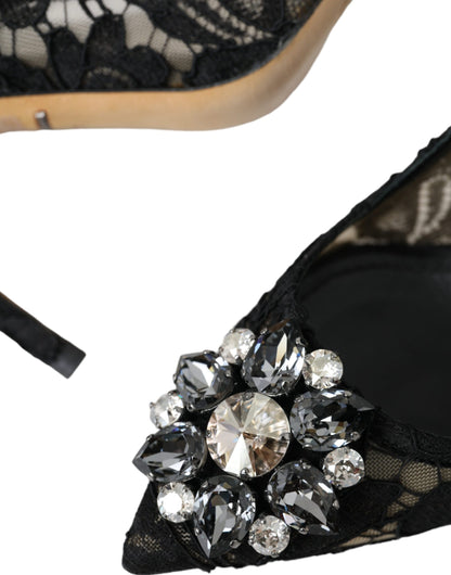 Black Taormina Lace Crystal Heel Pumps Shoes