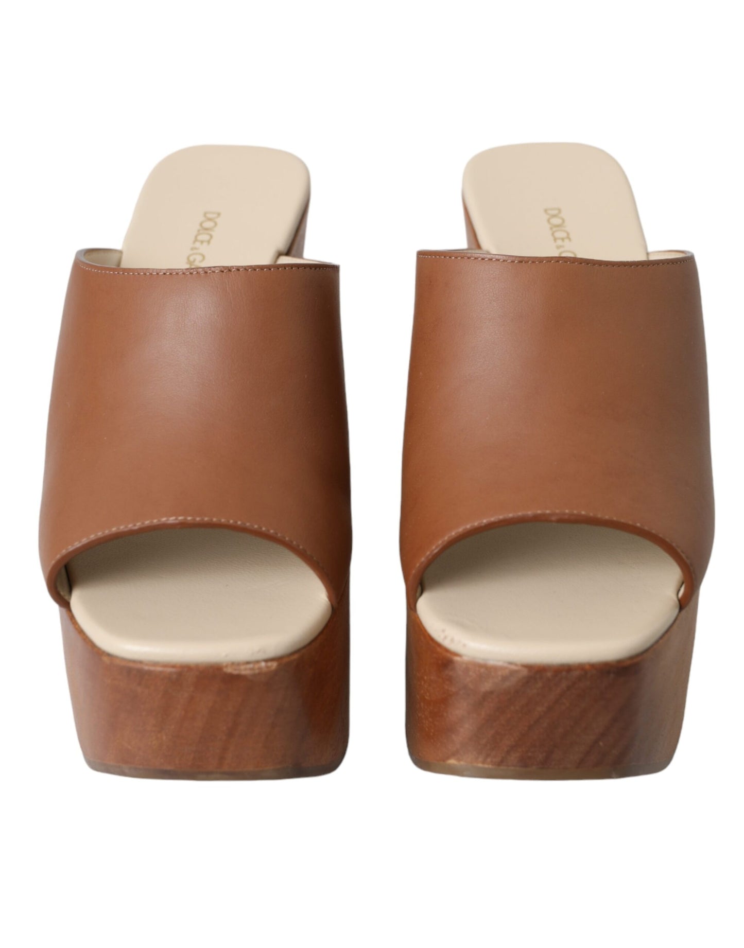 Brown Leather Wood Mules Wedge Slides Shoes