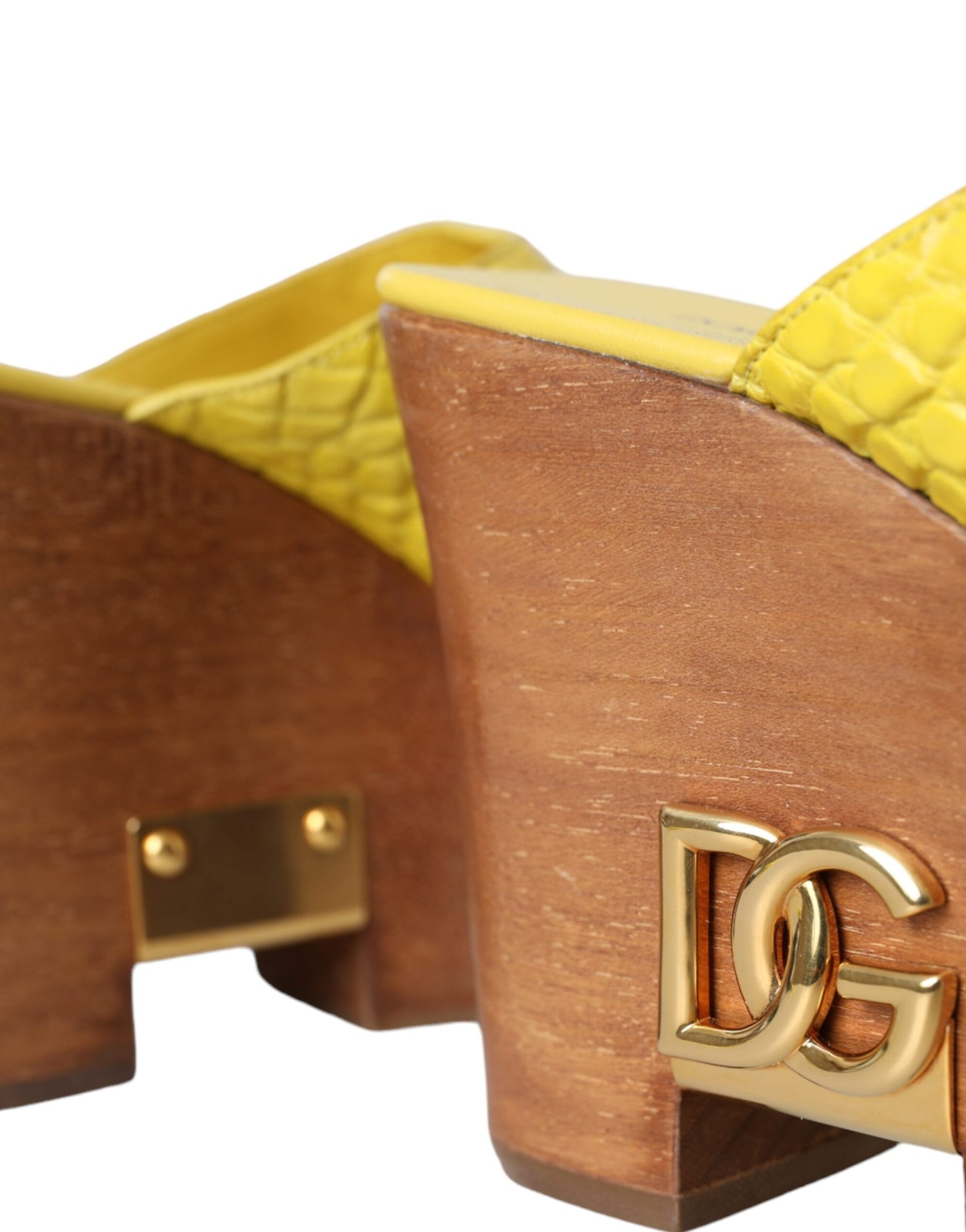 Yellow Leather Wood Mule Wedge Slides Shoes