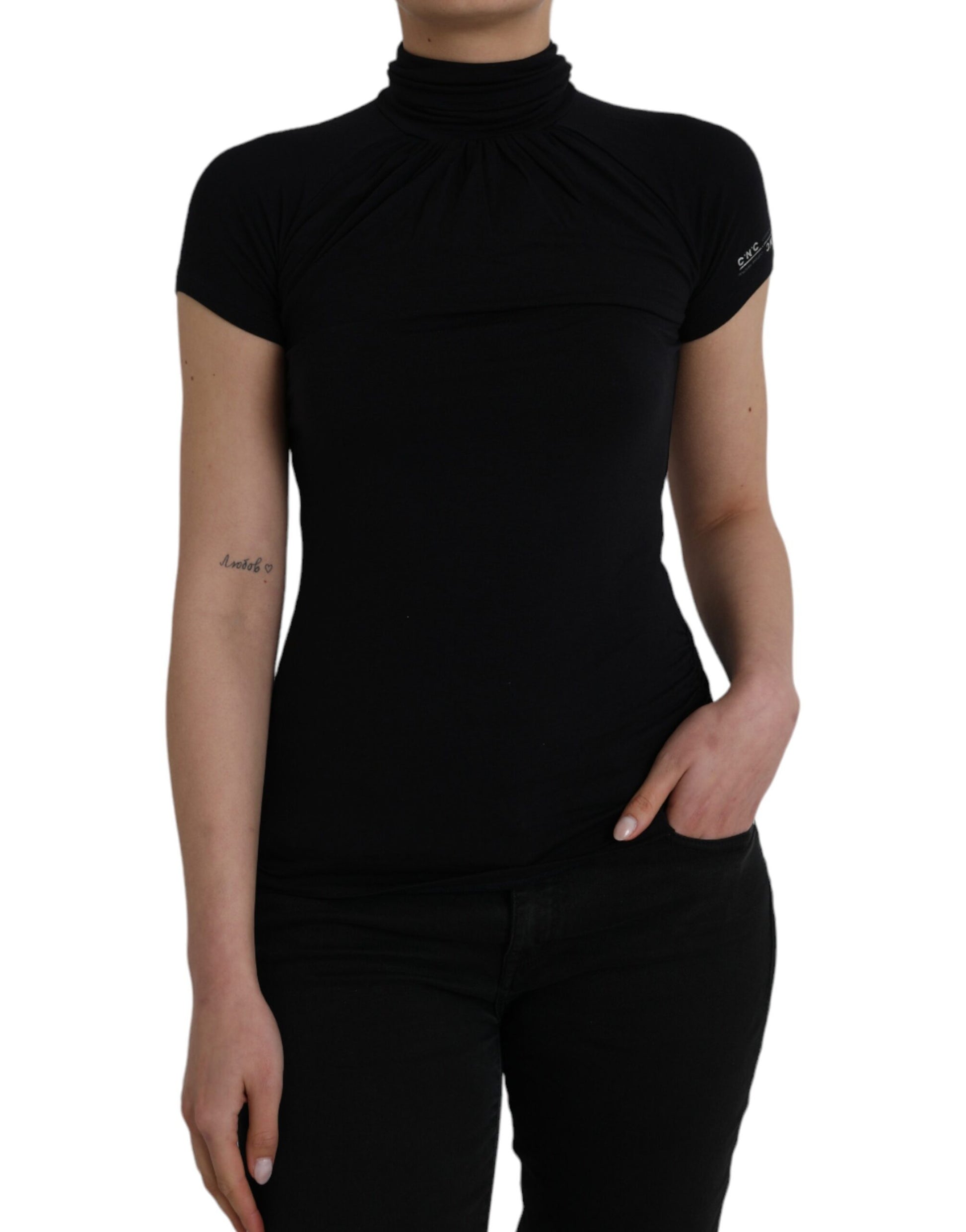 Black Turtleneck Viscose Short Sleeve Top