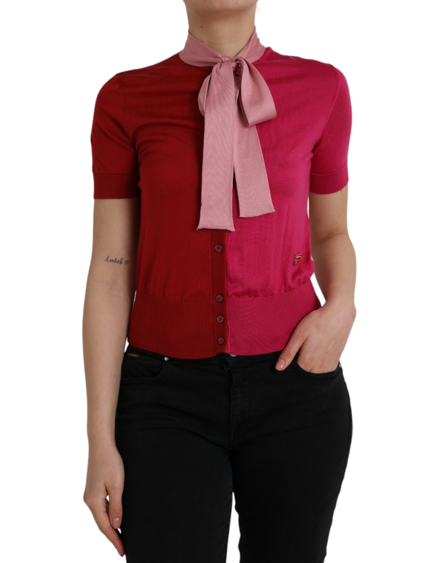 Pink Short Sleeves Pullover Ascot Collar Top