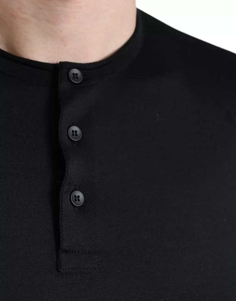 Black Buttoned Roundneck Short Sleeve T-shirt