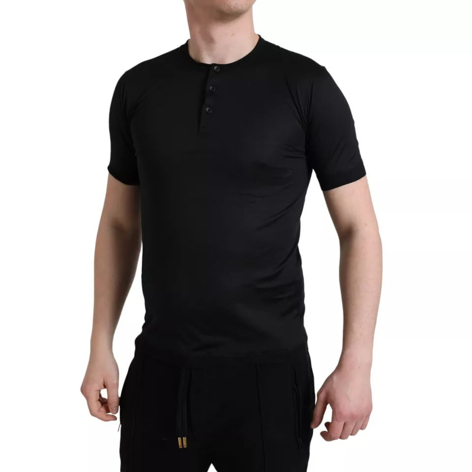 Black Buttoned Roundneck Short Sleeve T-shirt