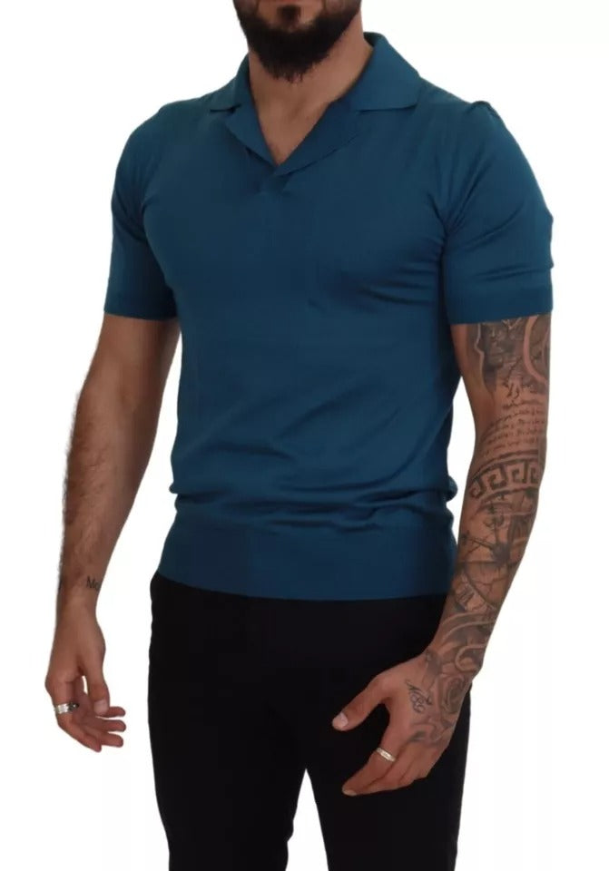 Blue Collared Short Sleeves Silk T-shirt