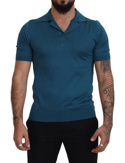 Blue Collared Short Sleeves Silk T-shirt