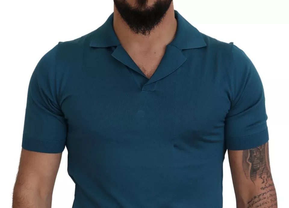 Blue Collared Short Sleeves Silk T-shirt