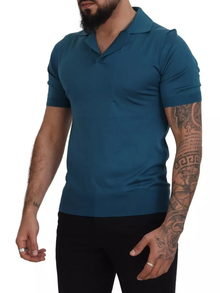 Blue Collared Short Sleeves Silk T-shirt