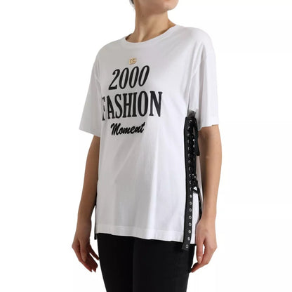 White Slogan Print Lacing Detailed T-shirt