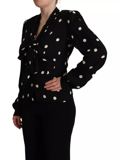 Black Polka Dots Silk Pussy Bow Long Sleeves Top