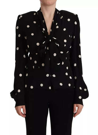 Black Polka Dots Silk Pussy Bow Long Sleeves Top