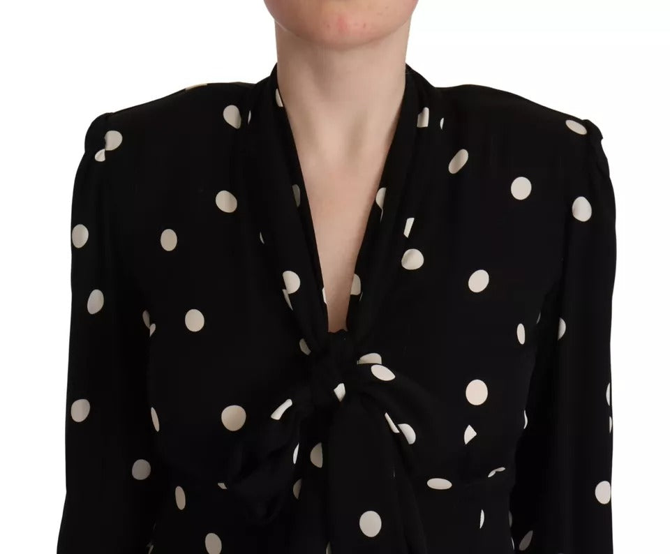 Black Polka Dots Silk Pussy Bow Long Sleeves Top