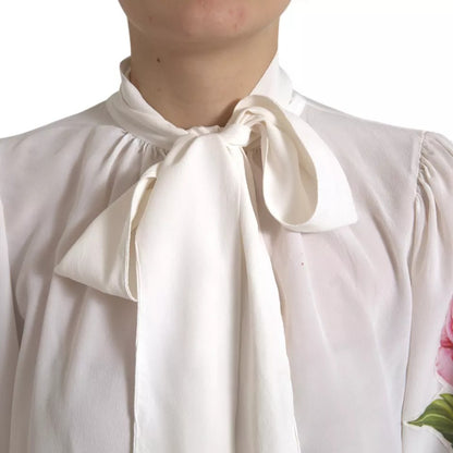 White Floral Silk Ascot Collared Top Blouse