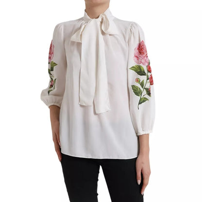 White Floral Silk Ascot Collared Top Blouse