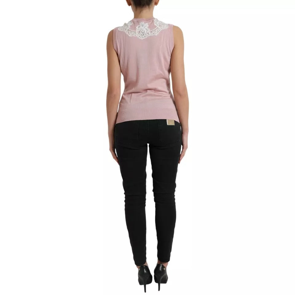 Pink Cashmere Lace Trim Sleeveless Tank Top