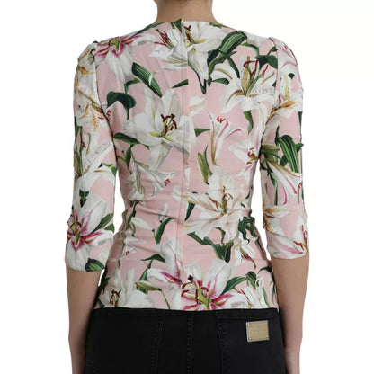 Pink Floral Viscose Round Neck Blouse Top