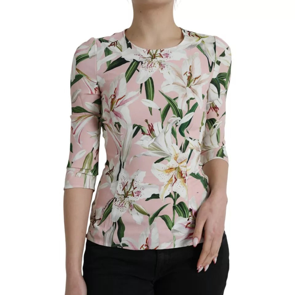 Pink Floral Viscose Round Neck Blouse Top