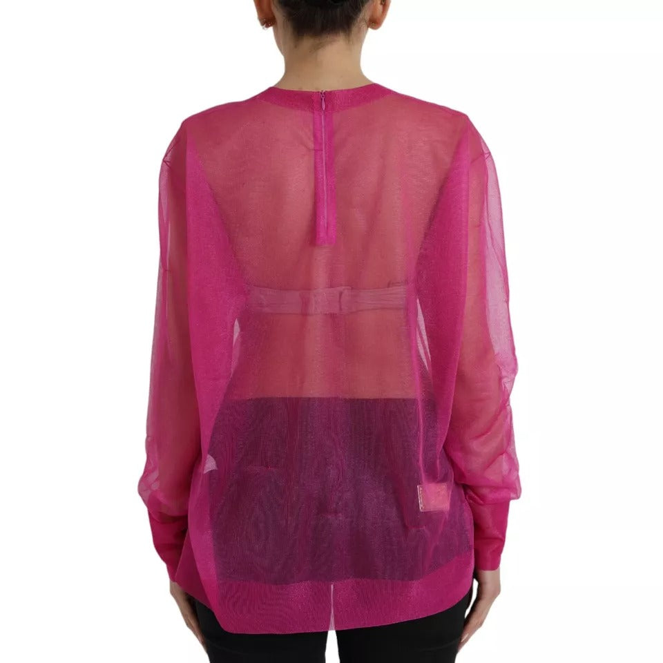 Pink Transparent Crewneck Long Sleeves Top