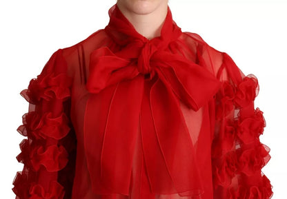 Red Silk Ascot Collar Ruffles Blouse Top