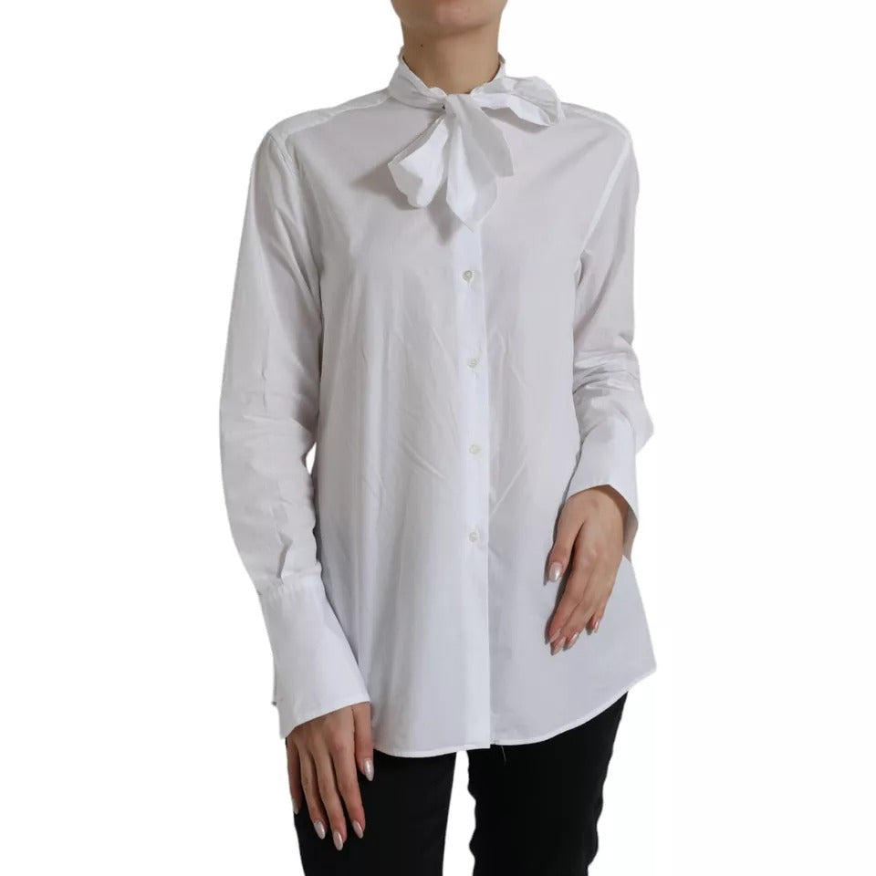 White Cotton Ascot Collar Long Sleeves Top