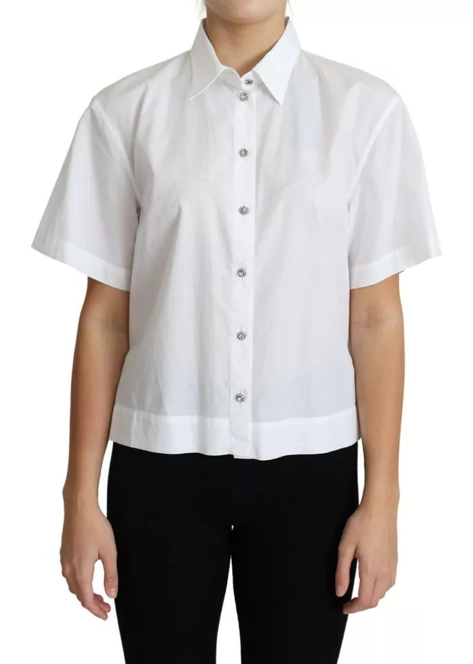 White Cotton Decorative Button Collared Top