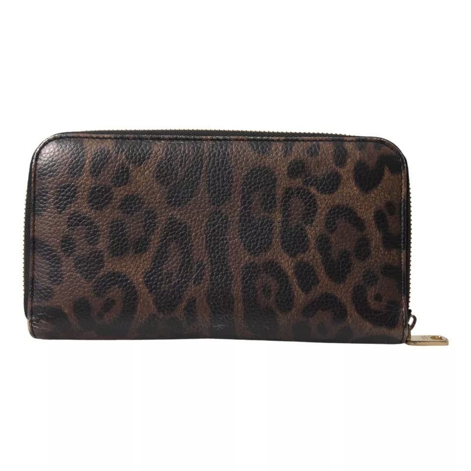 Brown Leopard Leather DG Zip Around Continental Wallet