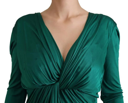 Dark Green Viscose Long Sleeve Midi Dress