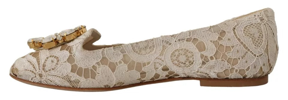 Beige Lace Crystal Ballet Flats Loafers Shoes