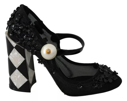 Black Floral Embellish Heels Mary Janes Pumps Shoes