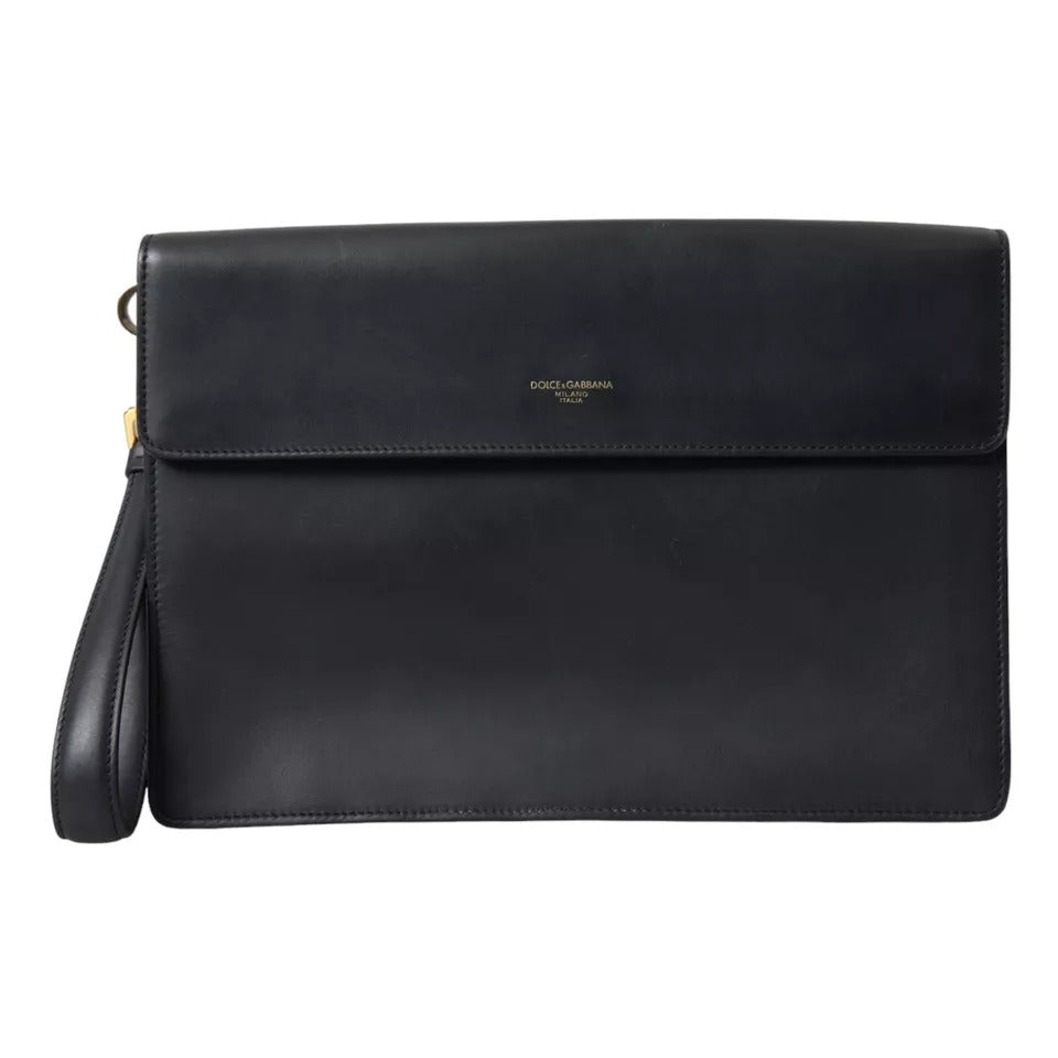 Black Calf Leather Large Logo Document Holder Clutch Men Bag