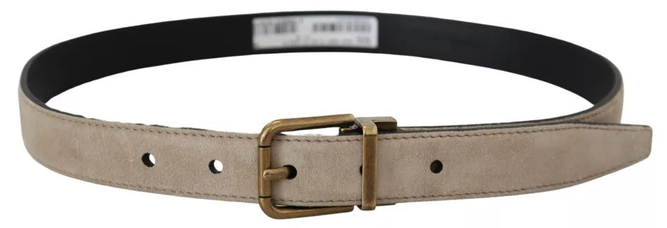 Beige Velvet Leather Gold Tone Metal Buckle Belt