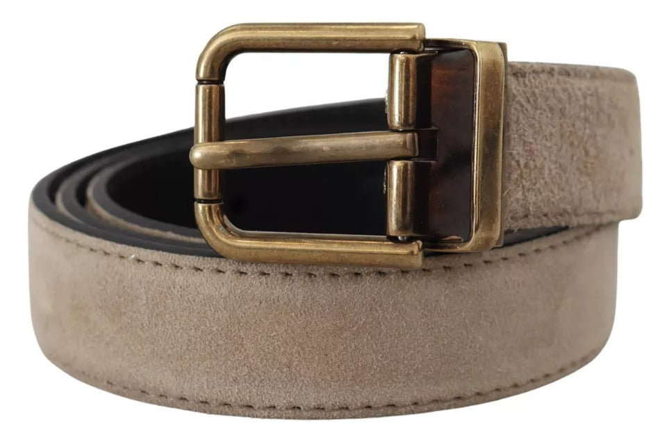 Beige Velvet Leather Gold Tone Metal Buckle Belt