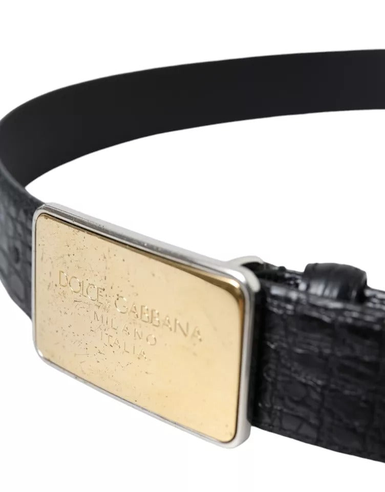 Black Exotic Leather Gold Metal Buckle Belt