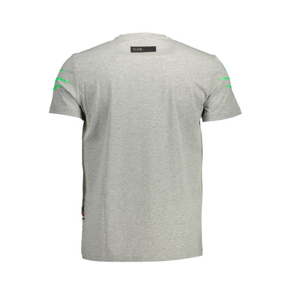 Sleek Gray Crew Neck Logo Tee with Contrasting Details