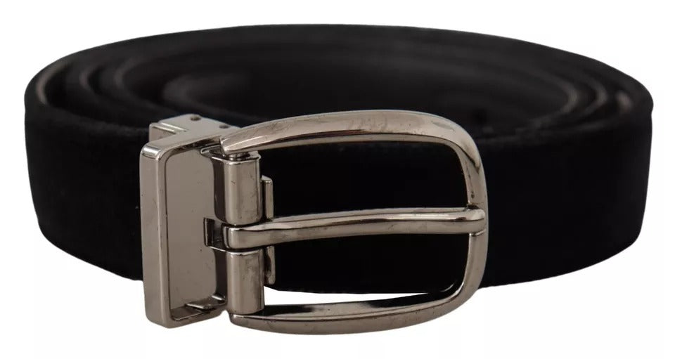 Black Velvet Silver Tone Metal Logo Buckle Belt