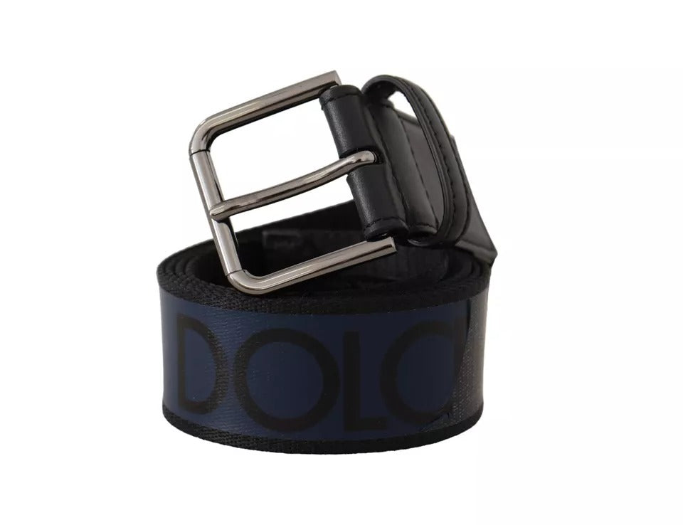 Blue Black Logo Print Silver Buckle Belt