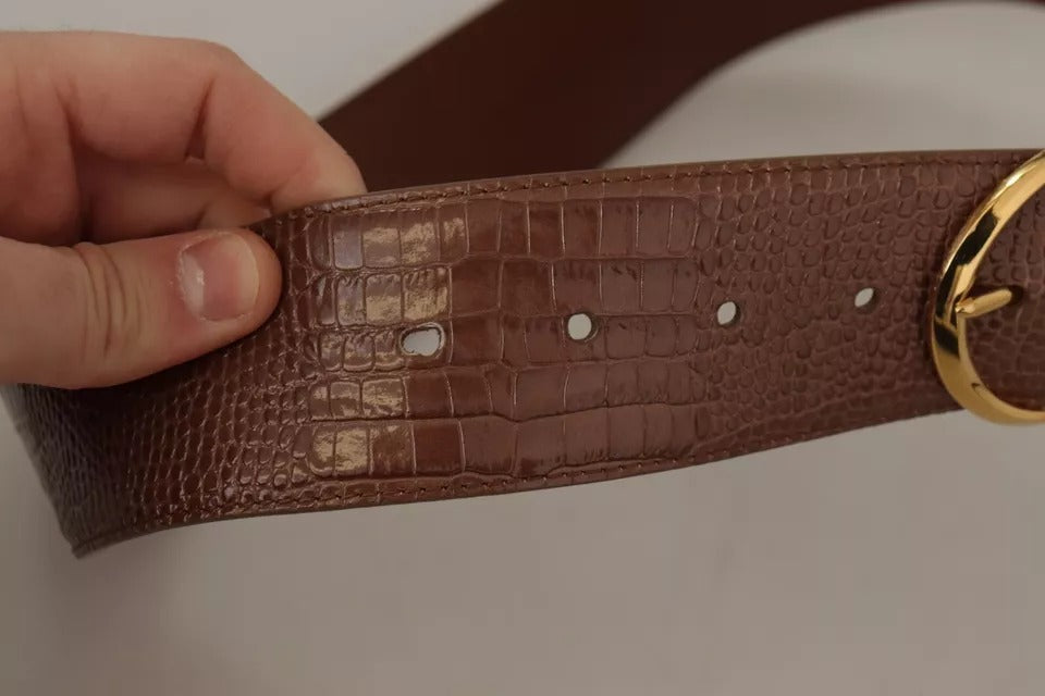 Brown Wide Waist Leather Gold Oval Metal Buckle Belt