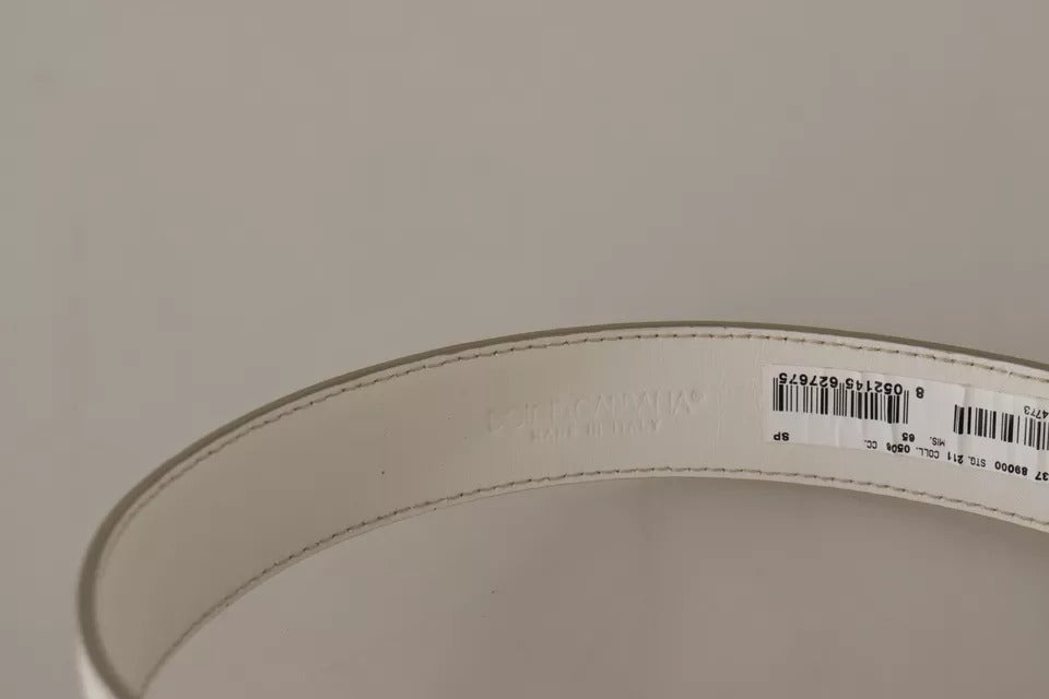 White Leather Gold Logo Engraved Metal Buckle Belt