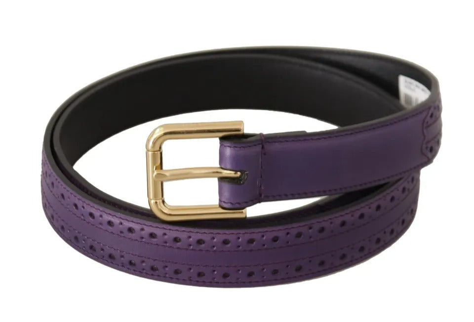 Purple Leather Gold Logo Engraved Metal Buckle Belt