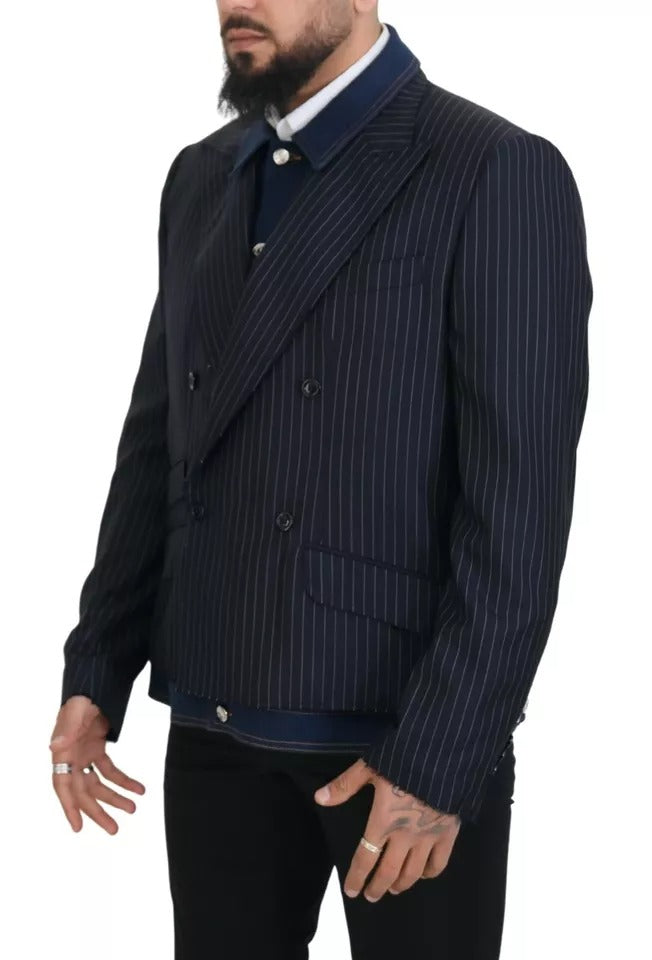 Blue Striped Double Breasted Denim Blazer