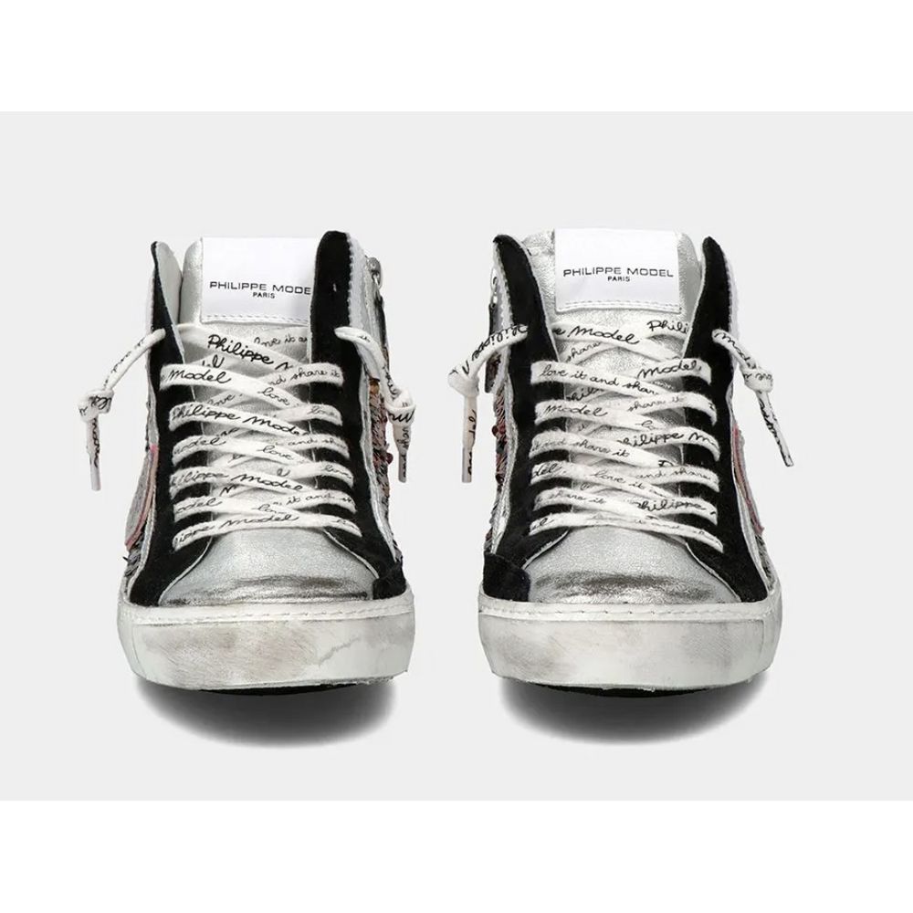 Elegant Gray Leather Sneakers with Sequin Details