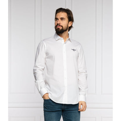 Slim Fit White Cotton Shirt with Eagle Logo