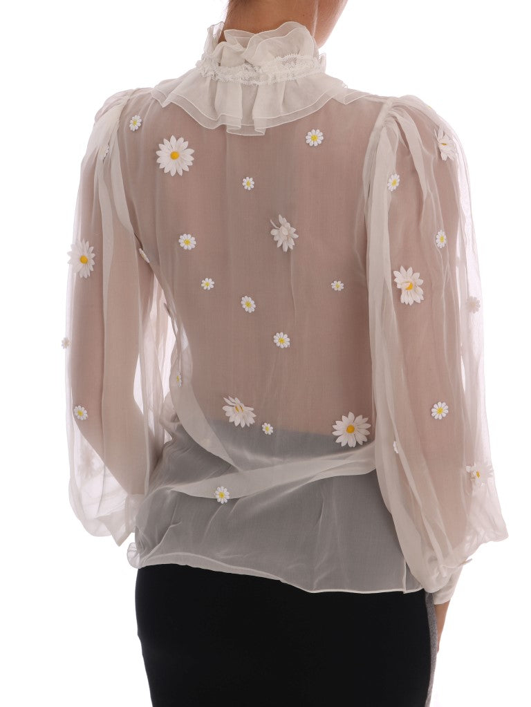 Elegant White Silk Daisy Blouse